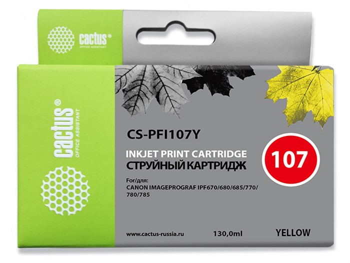 Картридж струйный Cactus CS-PFI107Y желтый (130мл) для Canon IP iPF670/iPF680/iPF685/iPF770/iPF780/i - фото 11021