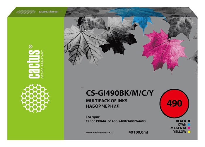 Чернила Cactus CS-GI490BK/M/C/Y многоцветный набор 4x100мл для Canon Pixma G1400/G2400/G3400 - фото 11505