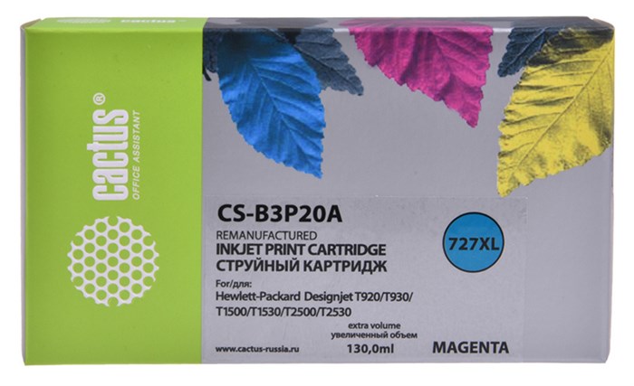 Картридж струйный Cactus CS-B3P20A №727 пурпурный (130мл) для HP DJ T920/T1500/T2530 - фото 12373