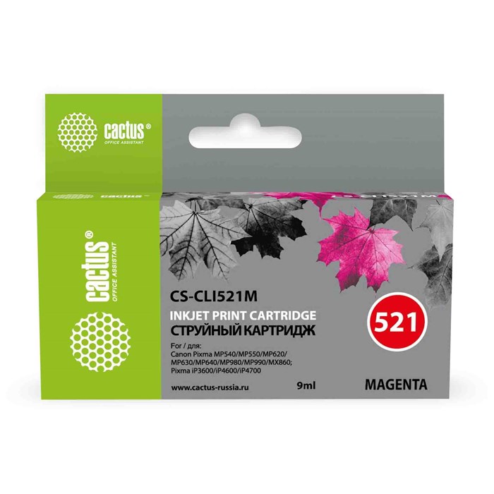 Картридж струйный Cactus CS-CLI521M пурпурный (9мл) для Canon Pixma MP540/MP550/MP620/MP630/MP640/MP 690092