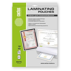 Пленка для ламинирования Cactus 100мкм A4 (25шт) матовая 216x303мм CS-LPMА410025 2111448